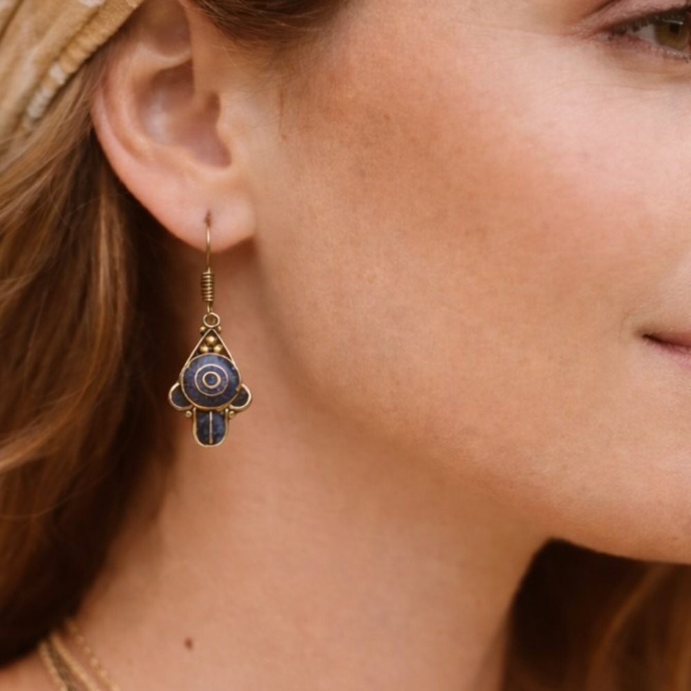 NEW Tibetan Handmade Dangle Earrings‎ Lapis Gemstone #0708